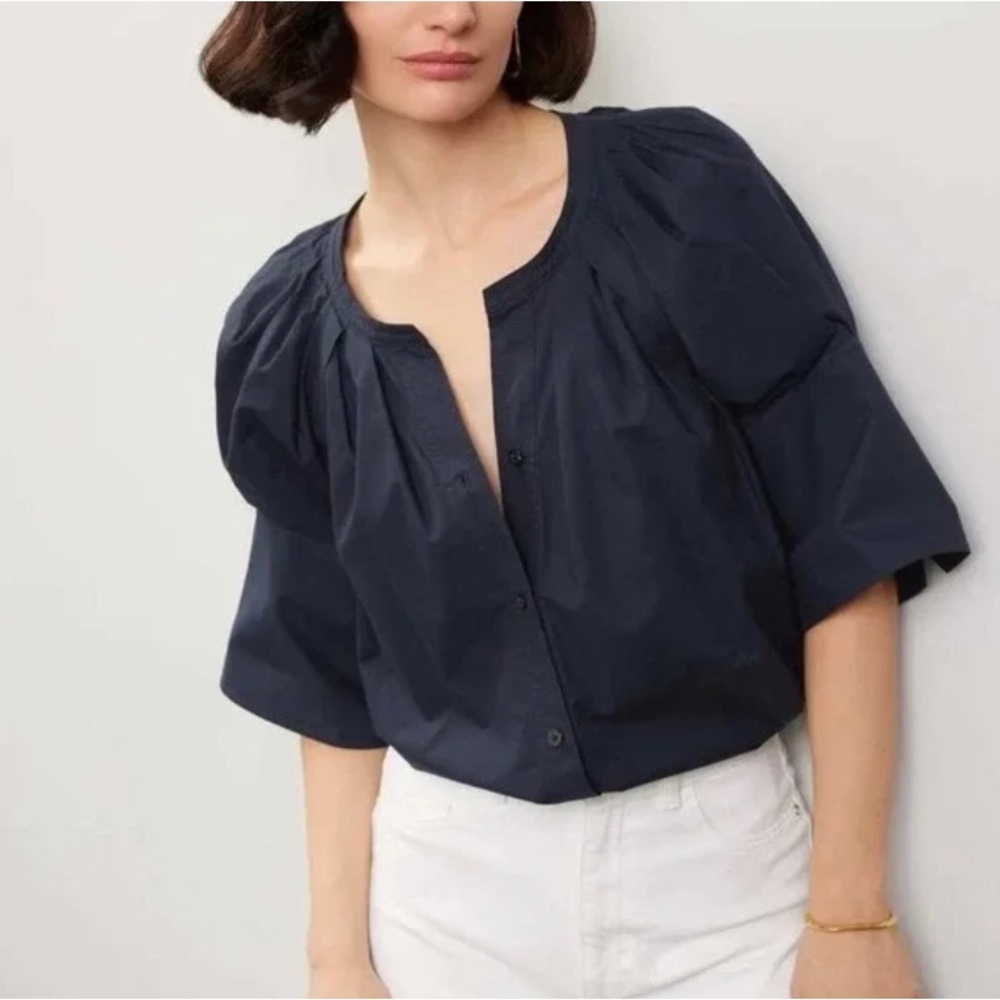 NWOT A.L.C. Chloe Blouse Top Navy Blue Cotton 1/2 Sleeve Button Down Sz 6